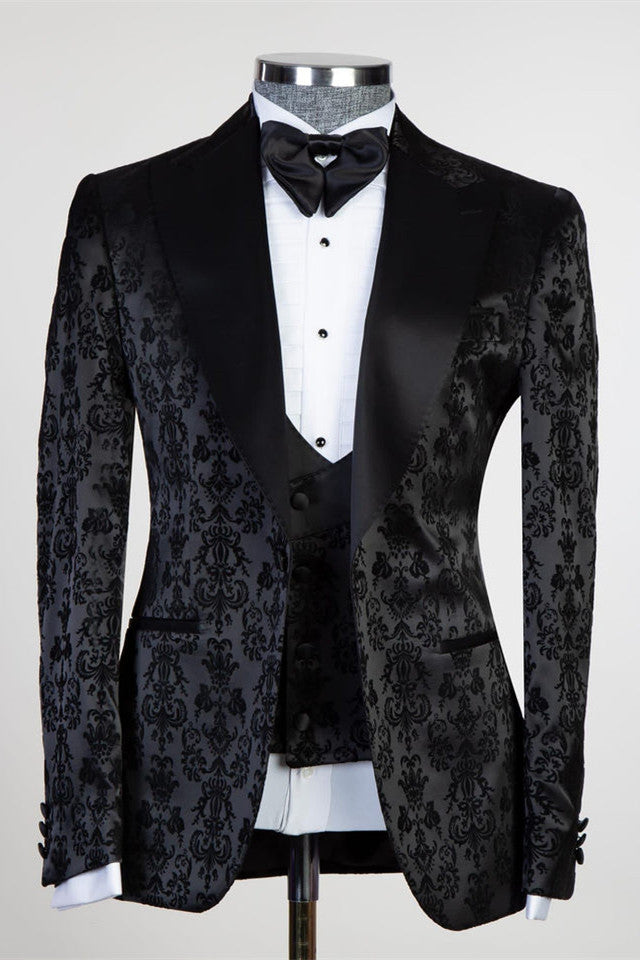 Edward Bespoke Men Suits - Black Jacquard Peaked Lapel Three Pieces