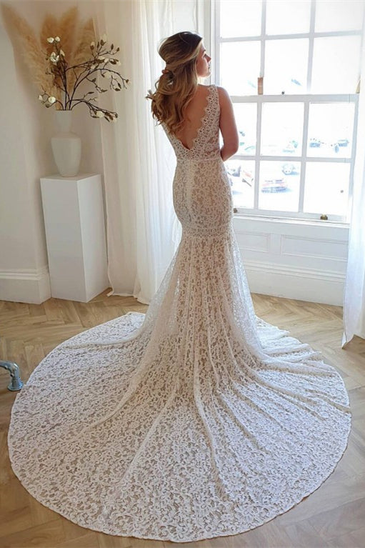 V Neck Mermaid Lace Wedding Dress with Chapel Train