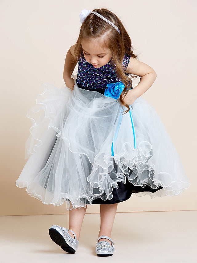 A-Line Tea Length Tulle & Sequined Sleeveless Jewel Neck Dress with Sash Ribbon Sequin Draping and Mini Me