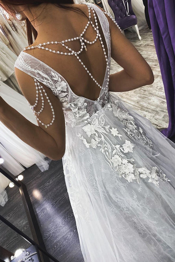 Stunning Straps V-neck A-line Backless Wedding Dress With Appliques Pearls