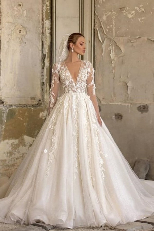 Elegant Deep V-neck Wedding Dress with Appliques, Lace, Ruffles, and Tulle