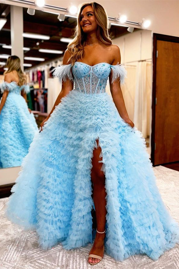 Baby Blue A Line Sweetheart Evening Dress with Feathers Online for Grad Party