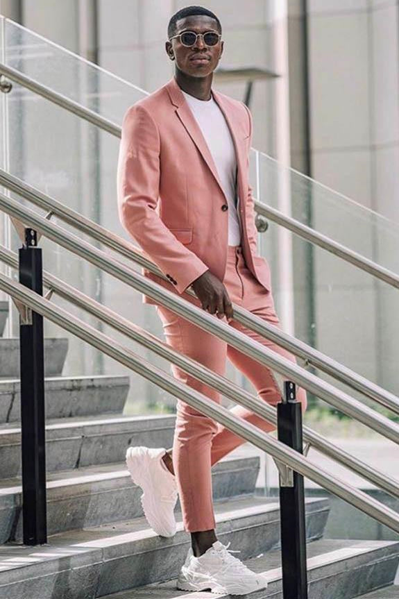 Pink 2 Piece Prince Suit With Notched Lapel & Flap Pockets For Groom