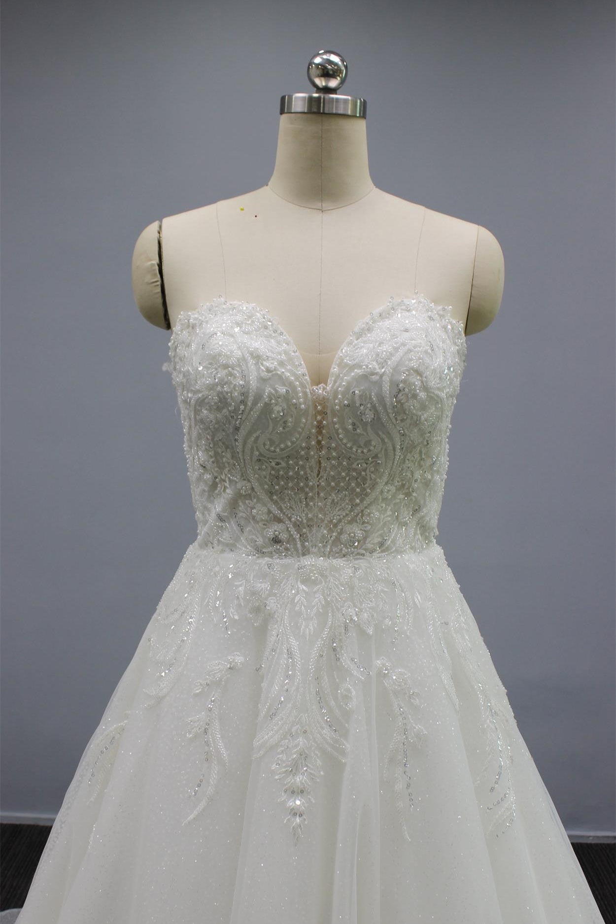 White Strapless A Line Wedding Dress with Tulle Appliques, Beading & Glitter Powder