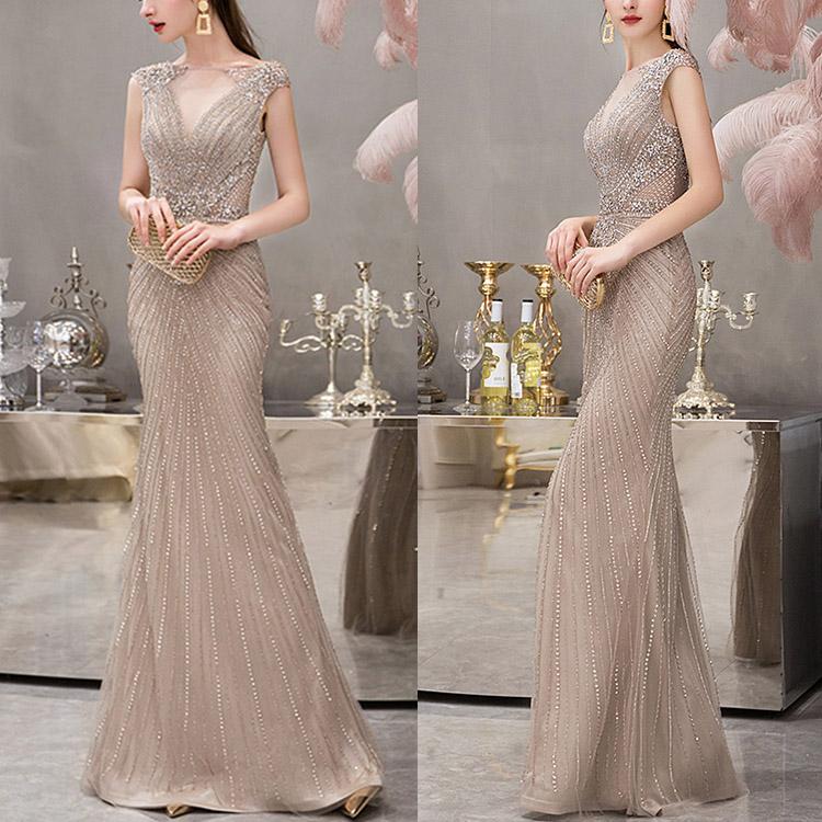 Mermaid Long Evening Dress With Cap Sleeves V-Neck Beadings Online