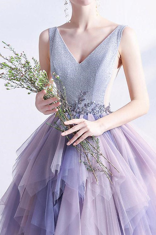 V-Neck Tulle Layered Prom Dress With Beads Online - Sleeveless Long