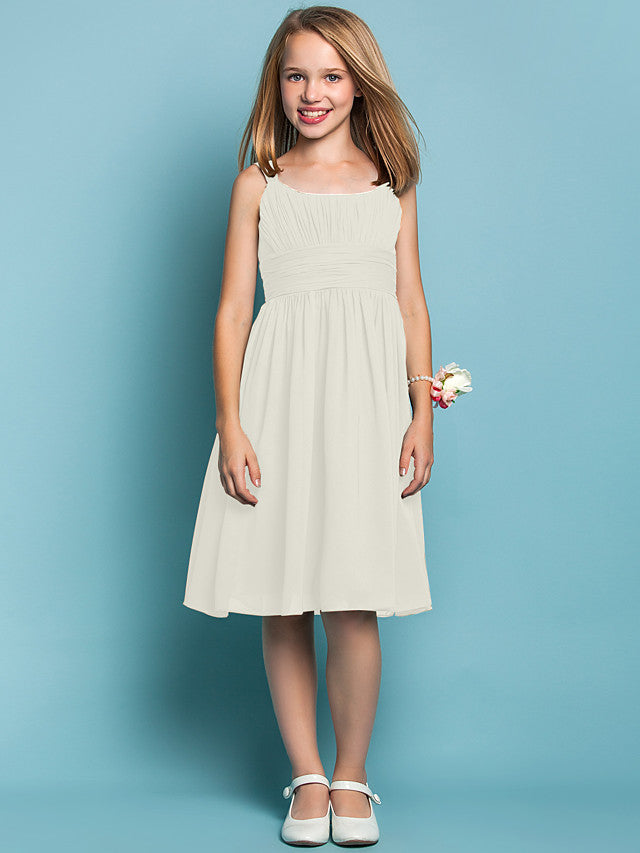 Elegant Knee-Length Chiffon Flower Girl Dress with Sheath Column Straps and Ruched Draping