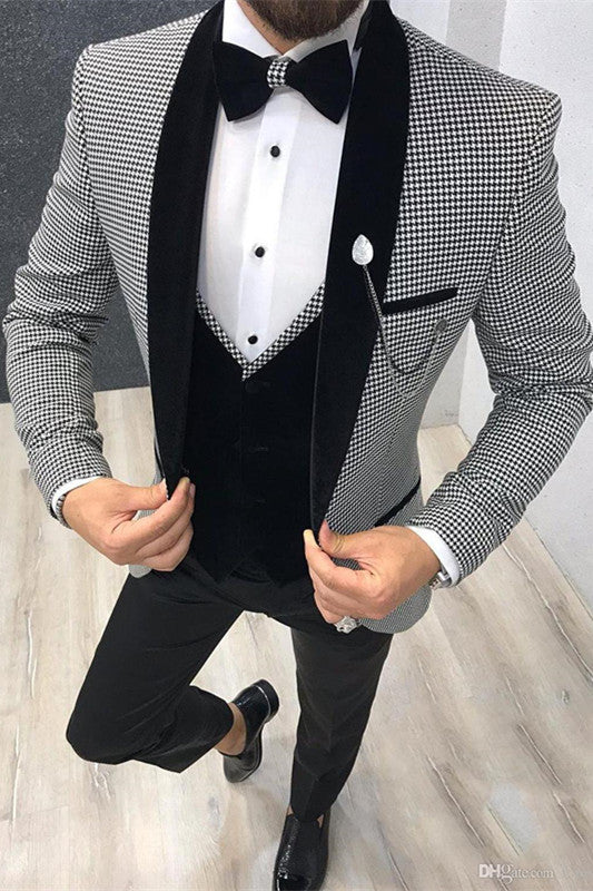 Ahmed Three Pieces Men Suits with Black Houndstooth Shawl Lapel