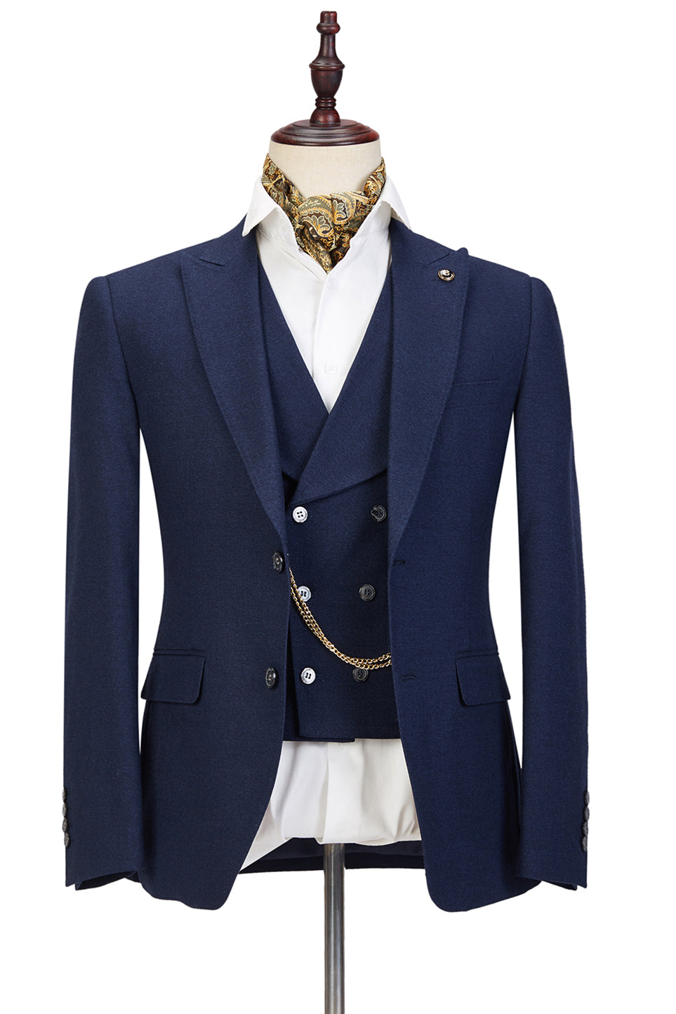 Dark Blue Three-Piece Peaked Lapel Wedding Suit For Men