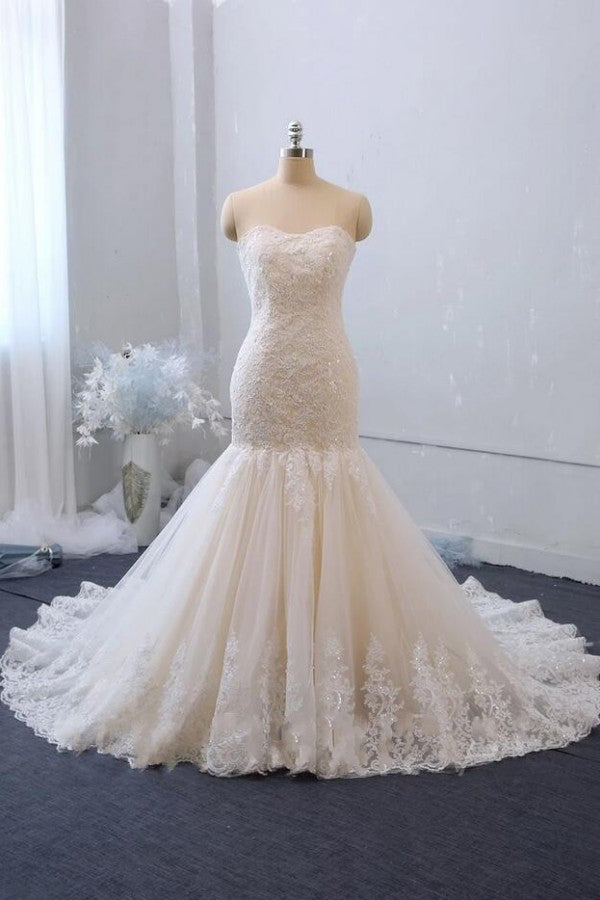 Classy Sweetheart Backless Tulle Long Mermaid Wedding Dress With Appliques Lace