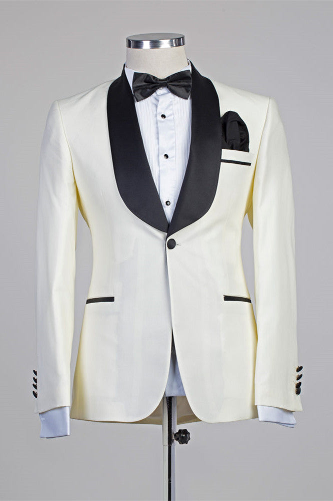 Moses Ivory Simple Slim Fit Wedding Suit with Black Lapel