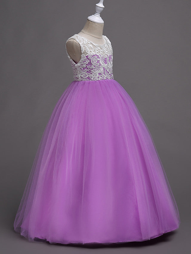 Elegant Lace Satin Tulle Long Length Sleeveless Jewel Neck Flower Girl Dress