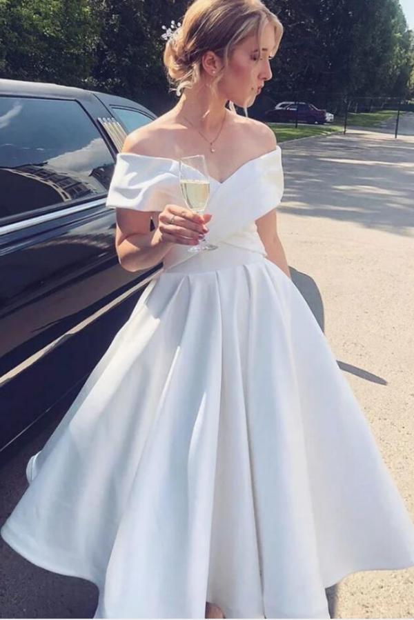 Elegant A-line Satin Off-The-Shoulder Short Wedding Dress