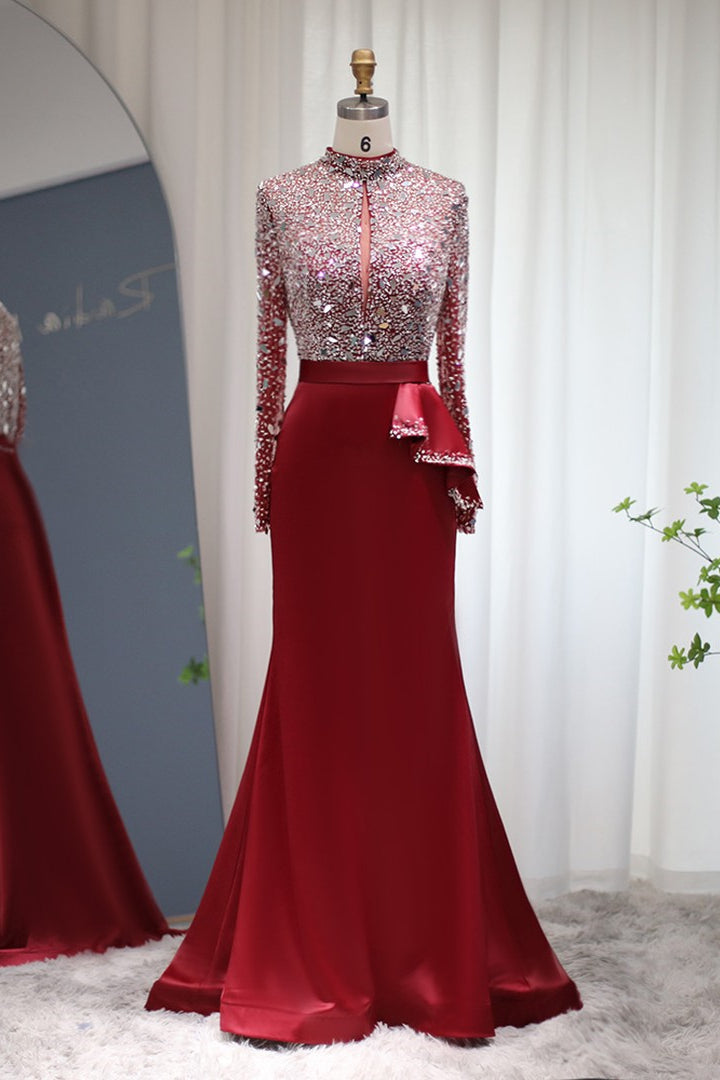 Glamorous Red Jewel Neck Mermaid Prom Dress with Sparkle Sequins and Long Sleeves