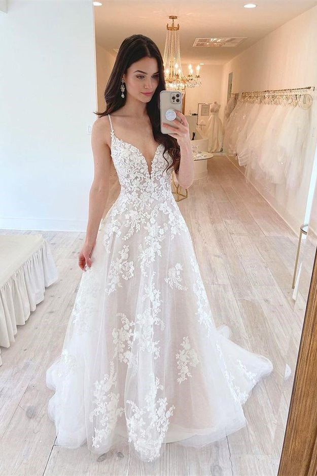 Tulle Lace Spaghetti-Straps A Line Wedding Dress