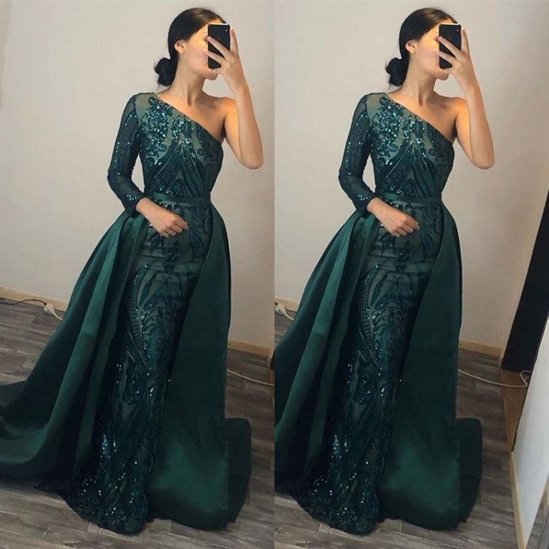 Dark Green Mermaid Prom Dress with Sequins and One Shoulder Long Sleeve Overskirt