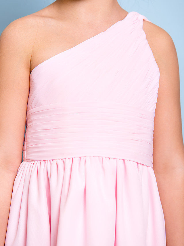 A-Line One Shoulder Knee Length Chiffon Junior Bridesmaid Dress with Ruched Draping Side Draping & Natural Look