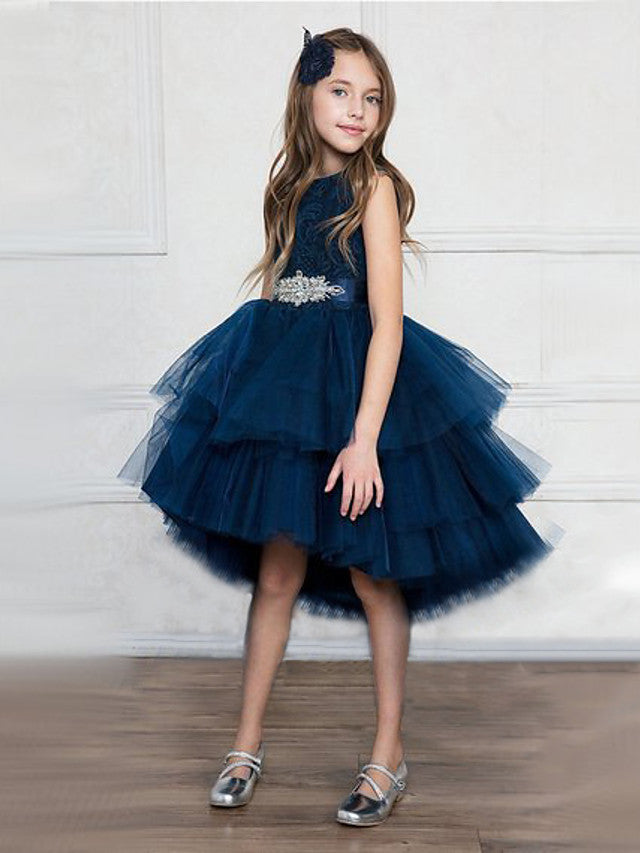 Asymmetrical Jewel Flower Girl Dress with Sleeveless Tulle and Belt - Crystals and Rhinestones