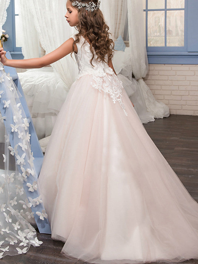 Sleeveless Boat Neck Flower Girl Dresses with Tulle and Lace Appliques