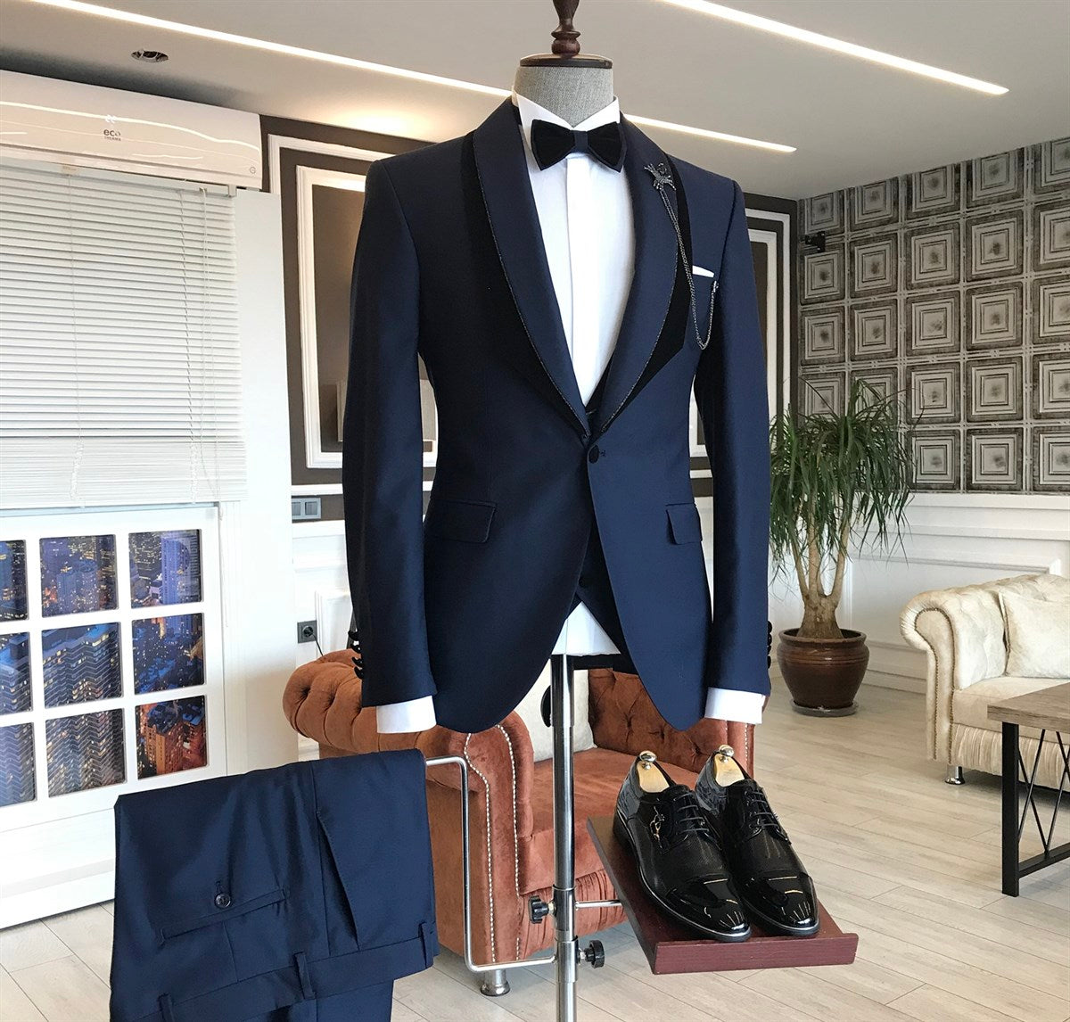 Tomas Navy Blue One Button Wedding Groom Suit with Shawl Lapel