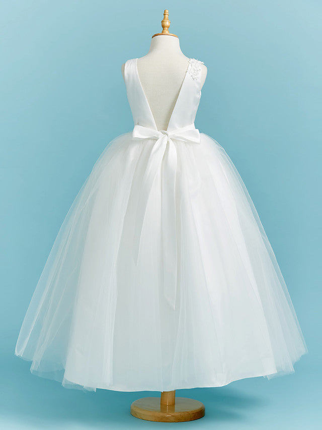 Elegant Ball Gown Crew Neck Floor Length Lace Tulle Flower Girl Dress With Sash Ribbon Pleats Beading