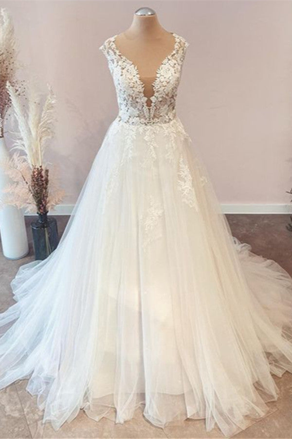 Sweetheart Floral Lace A-Line Wedding Dress with Tulle Ruffles