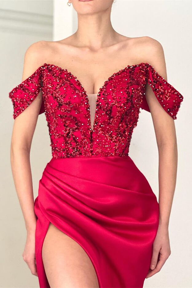 Latest Burgundy Mermaid Prom Dress with Off-The-Shoulder Deep V-Neck, Paillette Beadings, and Slit.