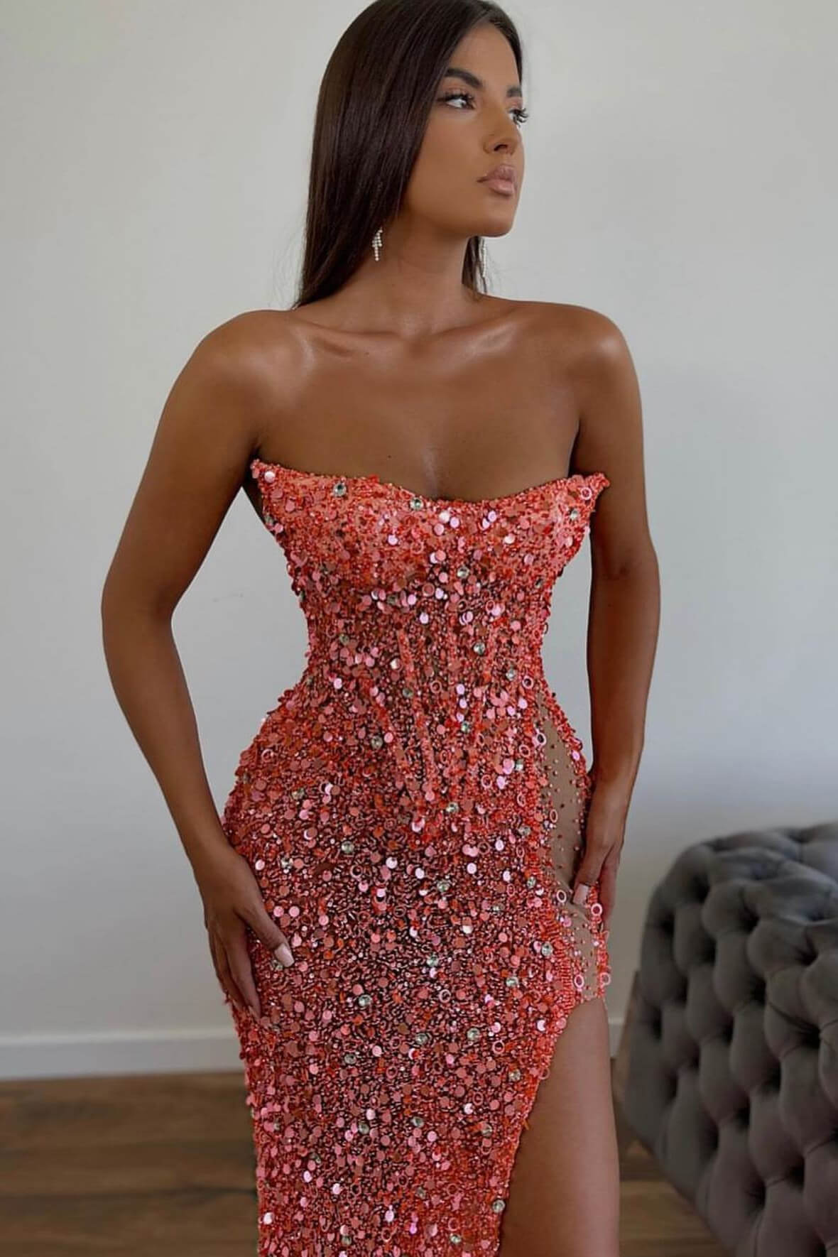 Gorgeous Sequins Mermaid Sweetheart Prom Dress With Sleeveless Orange Split