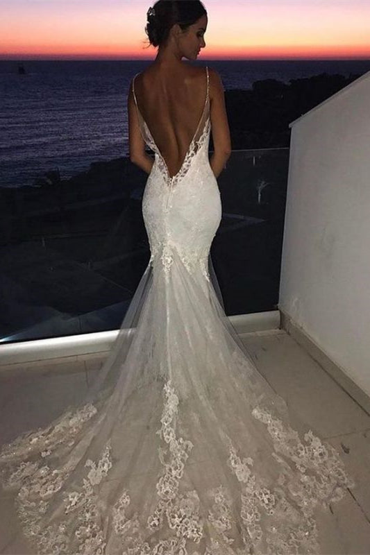 Glamorous Mermaid Lace Wedding Dress with Spaghetti-Straps and Appliques