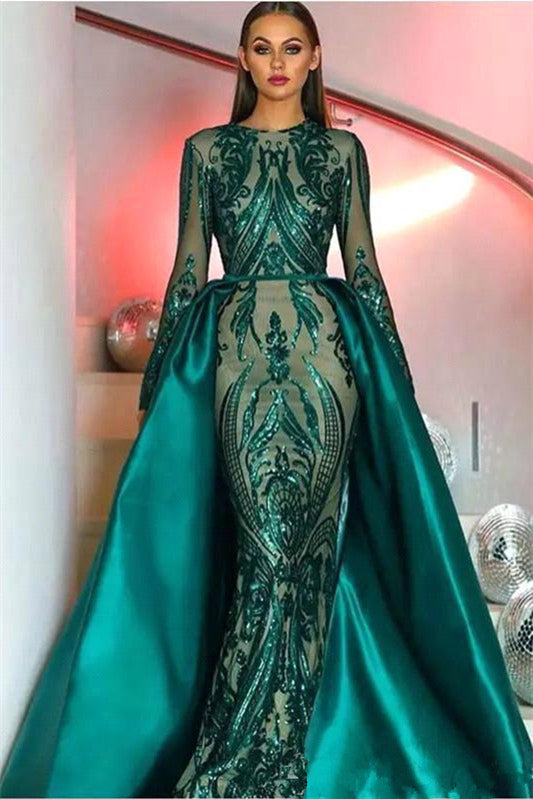 Mermaid Sequins Prom Dress - Emerald Green Long Sleeves & Detachable Skirt