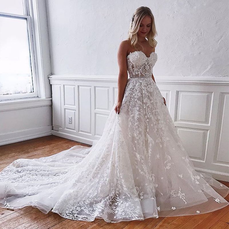 Gorgeous A-line Floor Length Long Wedding Dress With Sweetheart Lace