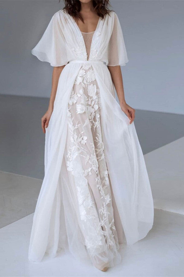 A Line Chiffon Lace Boho V Neck Wedding Dress With Belt