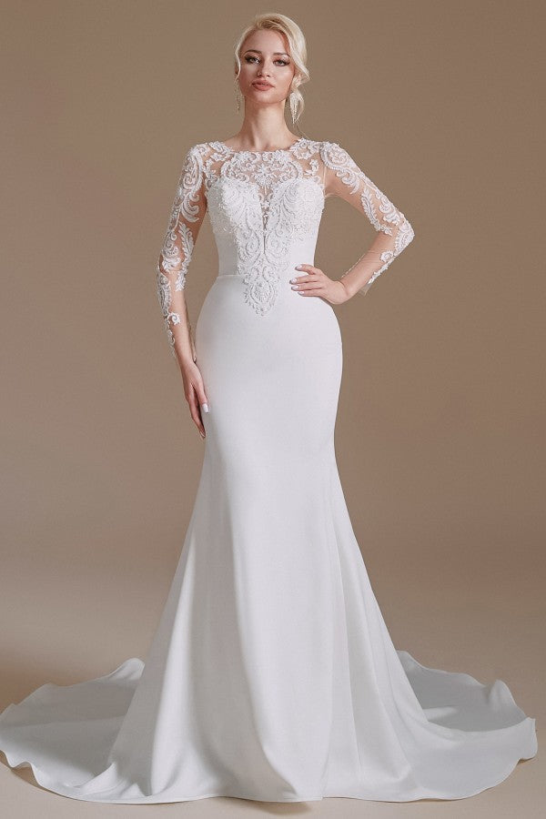 Elegant Jewel Satin Lace Long Mermaid Wedding Dress With Sleeves