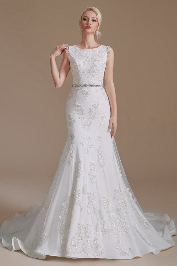 Gorgeous Jewel Mermaid Long Wedding Dress with Tulle Lace