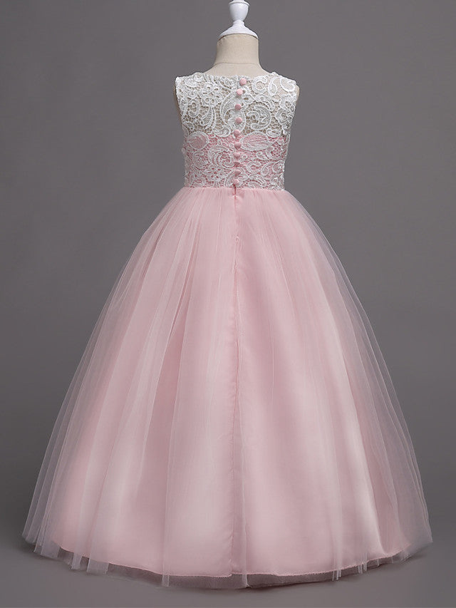 Elegant Lace Satin Tulle Long Length Sleeveless Jewel Neck Flower Girl Dress