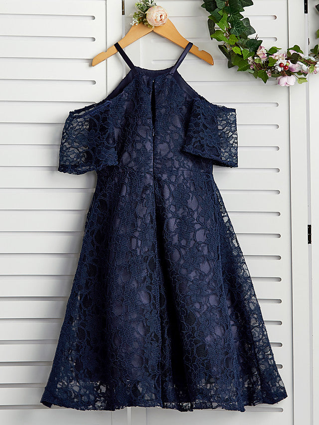 A-Line Halter Neck Lace Flower Girl Dress for Knee Length