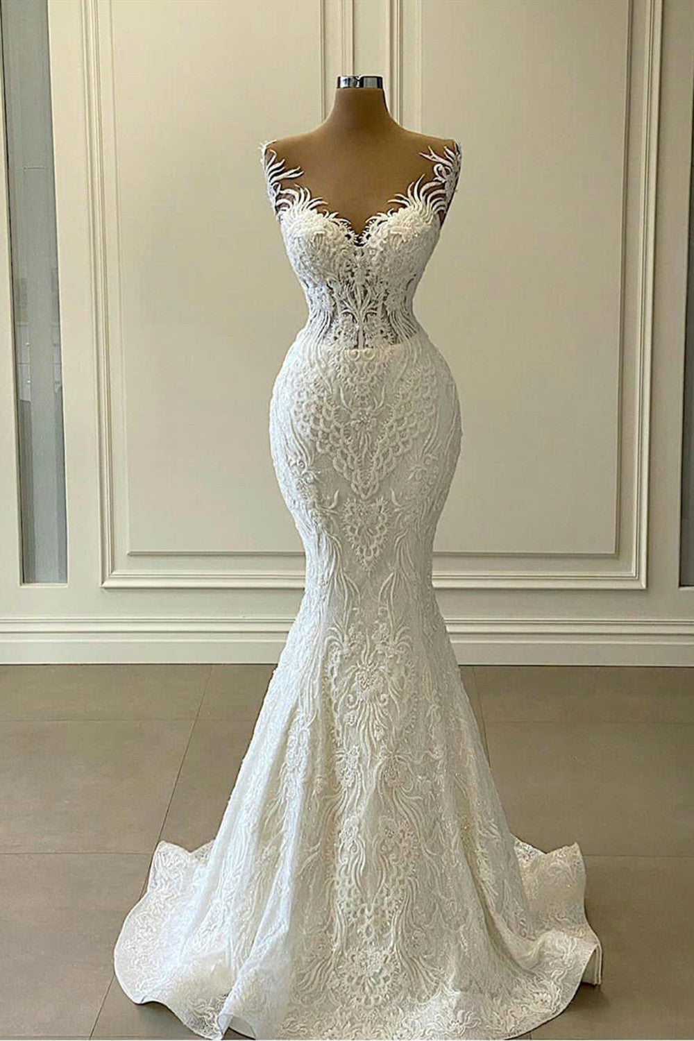 Elegant Sweetheart Appliques Lace Mermaid Wedding Dress With Detachable Train