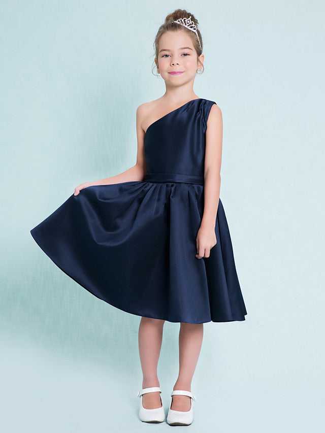 One Shoulder A-Line Satin Junior Flower Girl Dress with Sash Ribbon Pleats and Knee Length Fit