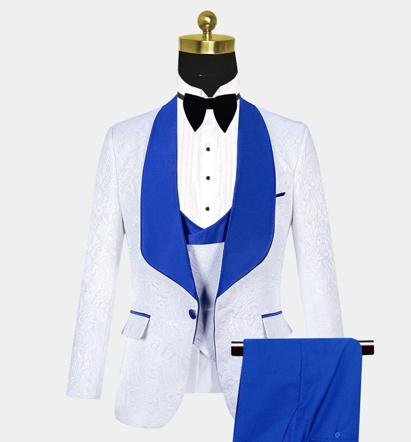 Blue Shawl Lapel White Jacquard Tuxedo Suit - Perfect for Groom