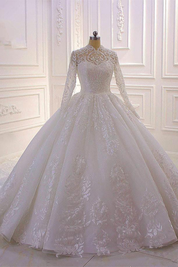 High-Neck Long Sleeve Ball Gown with Ruffles, Appliques, and Lace