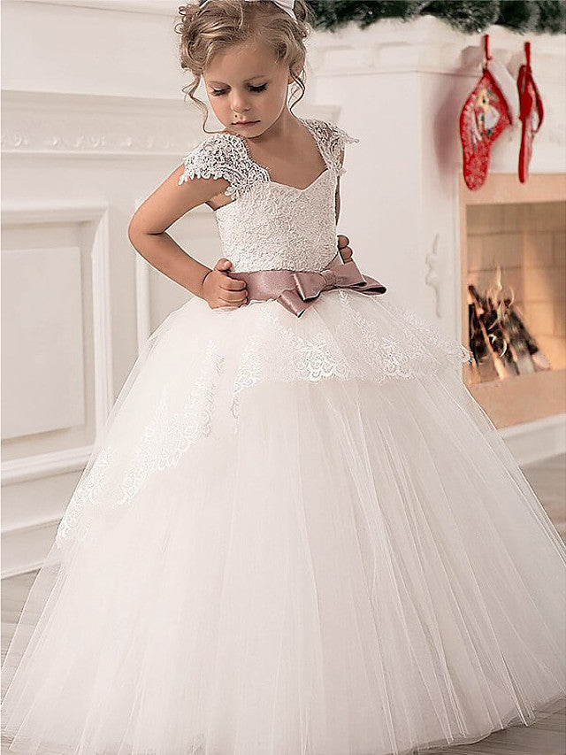 Princess Point Floor Length Junior Flower Girl Dress With Lace Sash Ribbon