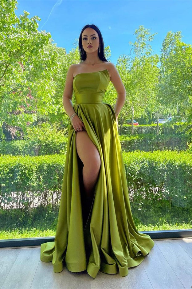 Elegant Strapless A-Line Green Prom Dress With Split