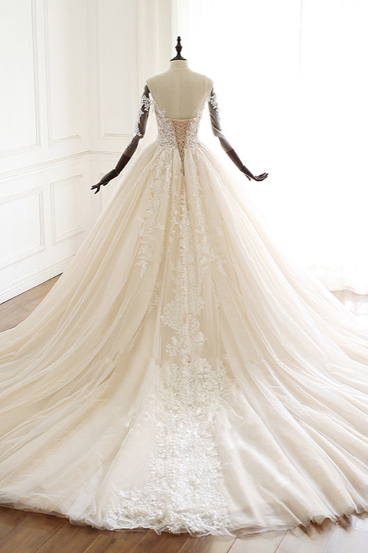 Chic Sweetheart Long Wedding Dress with Tulle Lace Sleeves