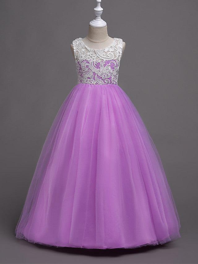 Elegant Lace Satin Tulle Long Length Sleeveless Jewel Neck Flower Girl Dress