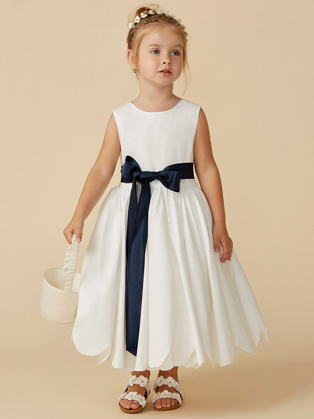 Sleeveless Jewel A-Line Tea Length Flower Girl Dress with Taffeta Sash and Pleats