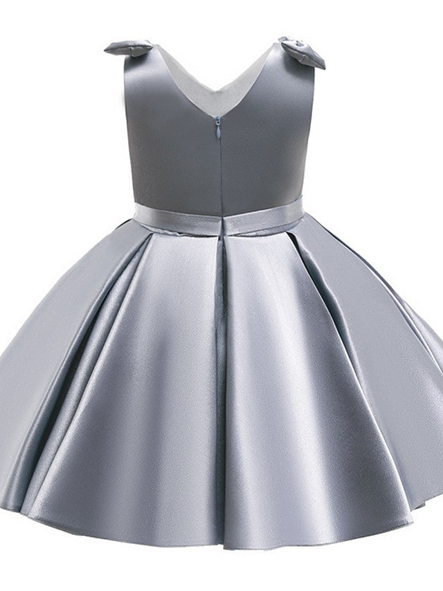 Satin Ball Gown Flower Girl Dress with V Neck & Bow Pleats