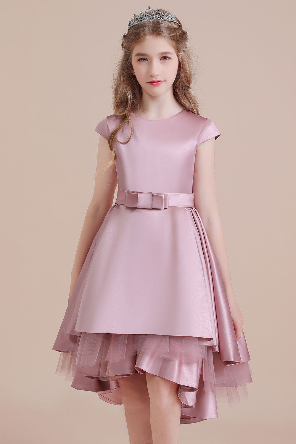 Lovely A-line Satin Hi-Lo Dusty Pink Flower Girl Dress with Cap Sleeves