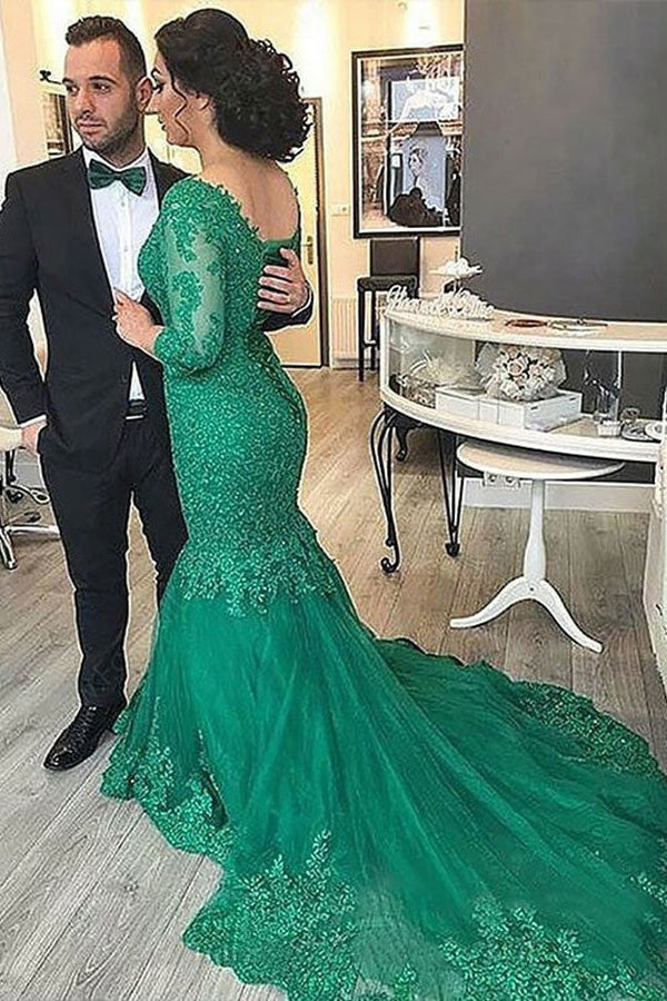 Emerald V-Neck Mermaid Prom Dress with 3/4 Sleeves and Lace Appliques