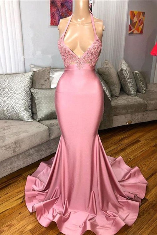 Halter Pink Long Mermaid Prom Dress With Lace Appliques