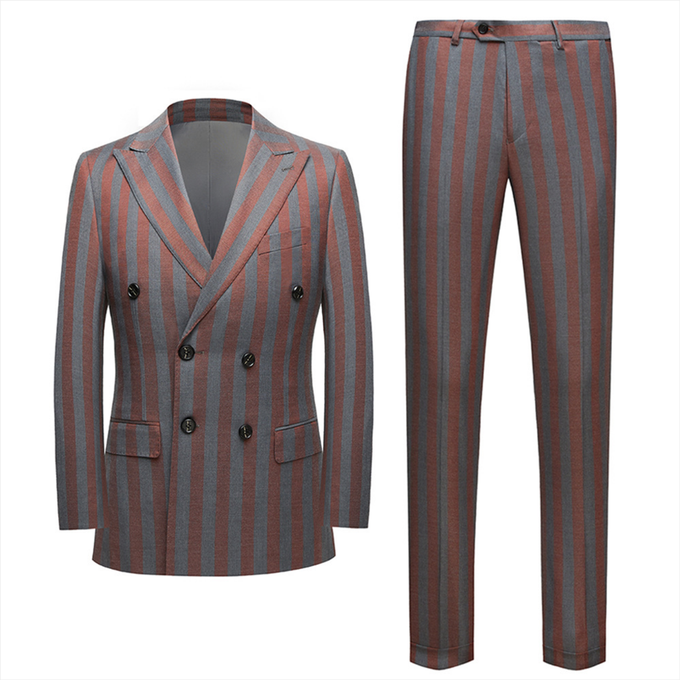 Red & Gray Striped Double Breasted Wedding Suit Ideas for Summer Casualwear